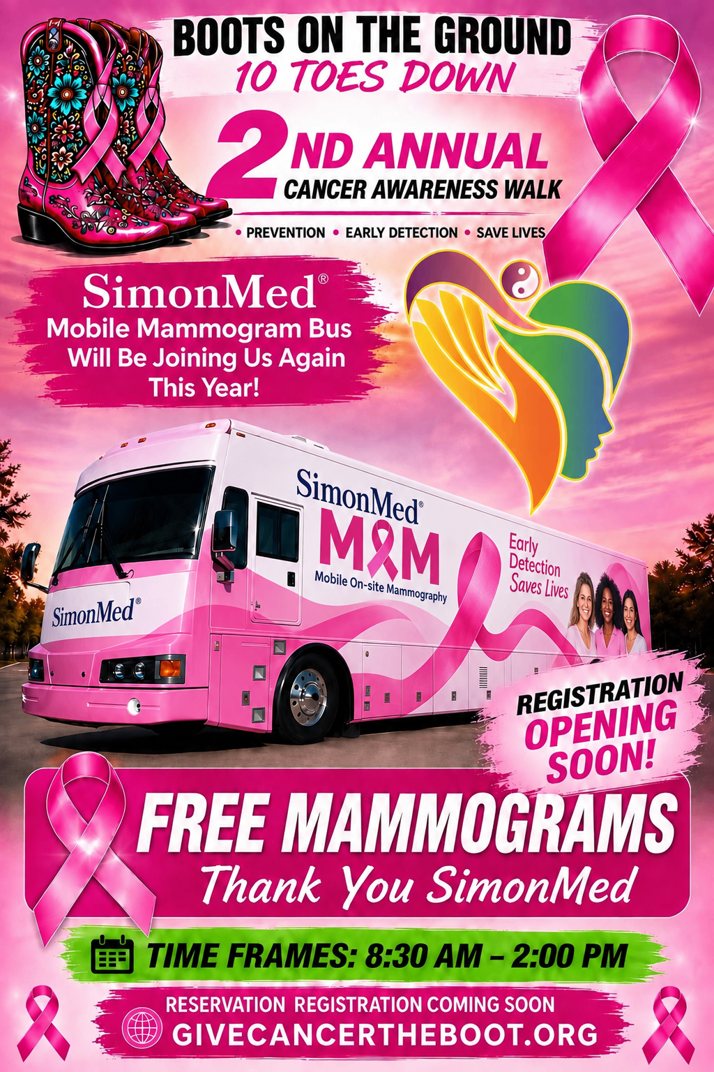 SimonMed mobile mammogram bus flyer for the 2nd Annual Cancer Awareness Walk