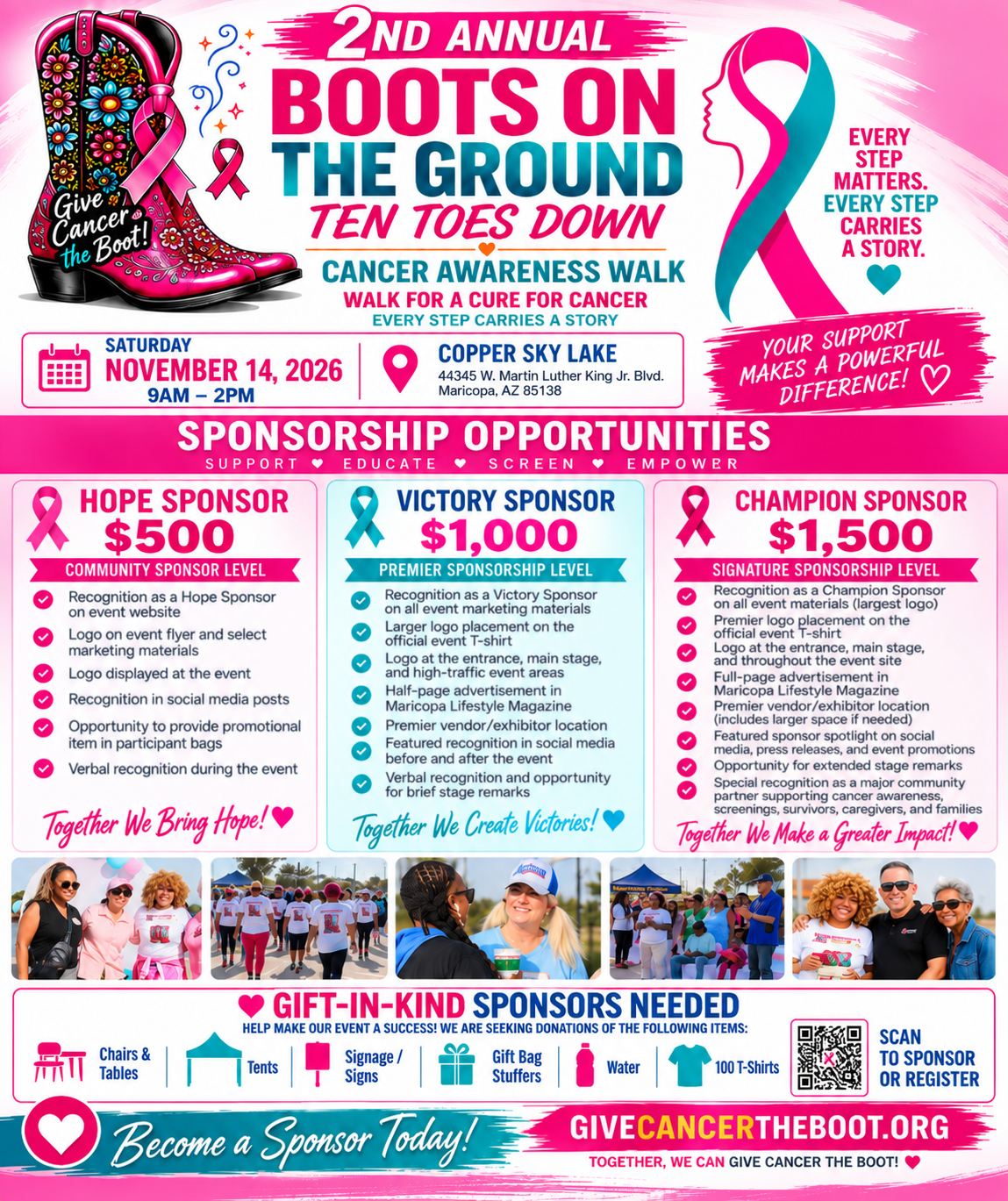 Boots on the Ground 2nd Annual Cancer Awareness Walk sponsorship opportunities flyer — Hope Sponsor $500, Victory Sponsor $1,000, Champion Sponsor $1,500, and gift-in-kind needs